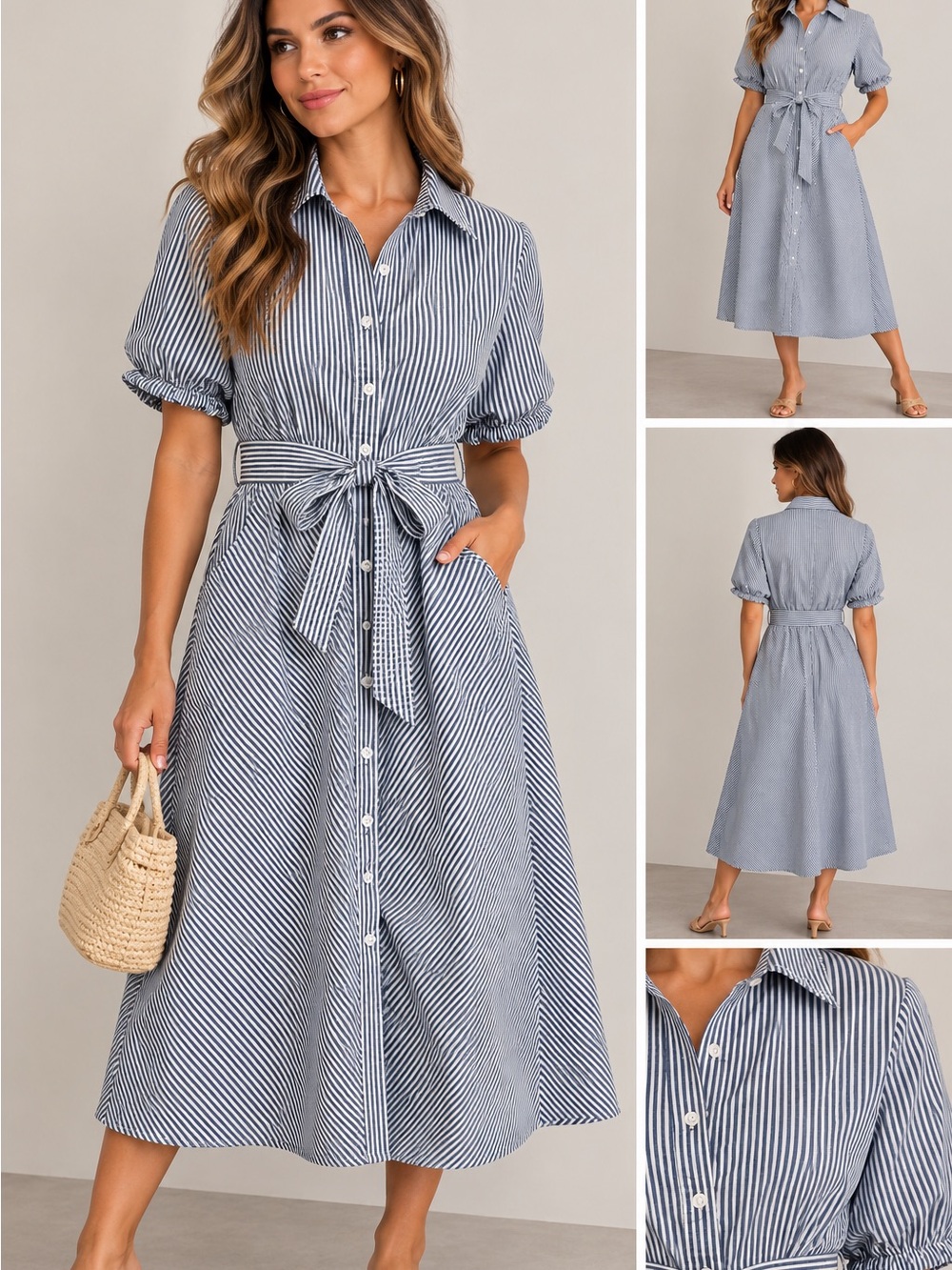 riped Button Front Midi Shirt Dress Size Small